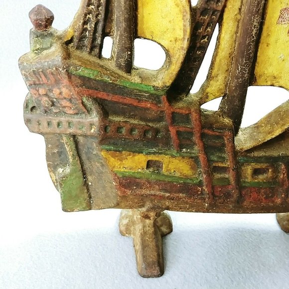 Doorstop Cast Iron Galleon Ship Painted with Red Cross on Sails - Picture 4 of 11